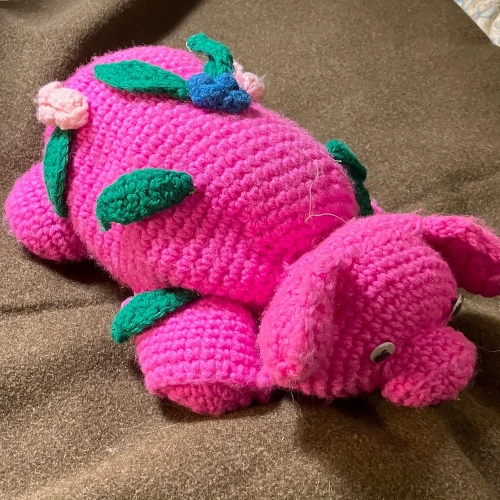 Hand knit bubblegum Pink pig with google eyes